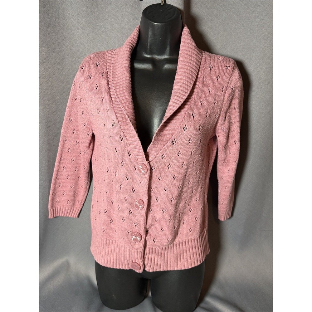 Merona Pink Pointelle Knit Cardigan Womens Small Shawl Collar Button Up-215